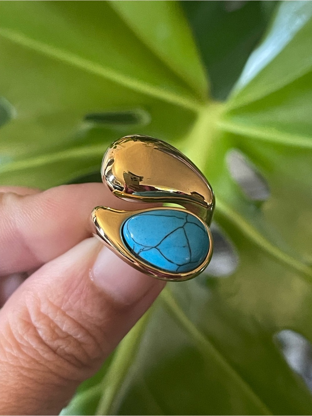 Gold-Tone Ring with Turquoise Teardrop Stone